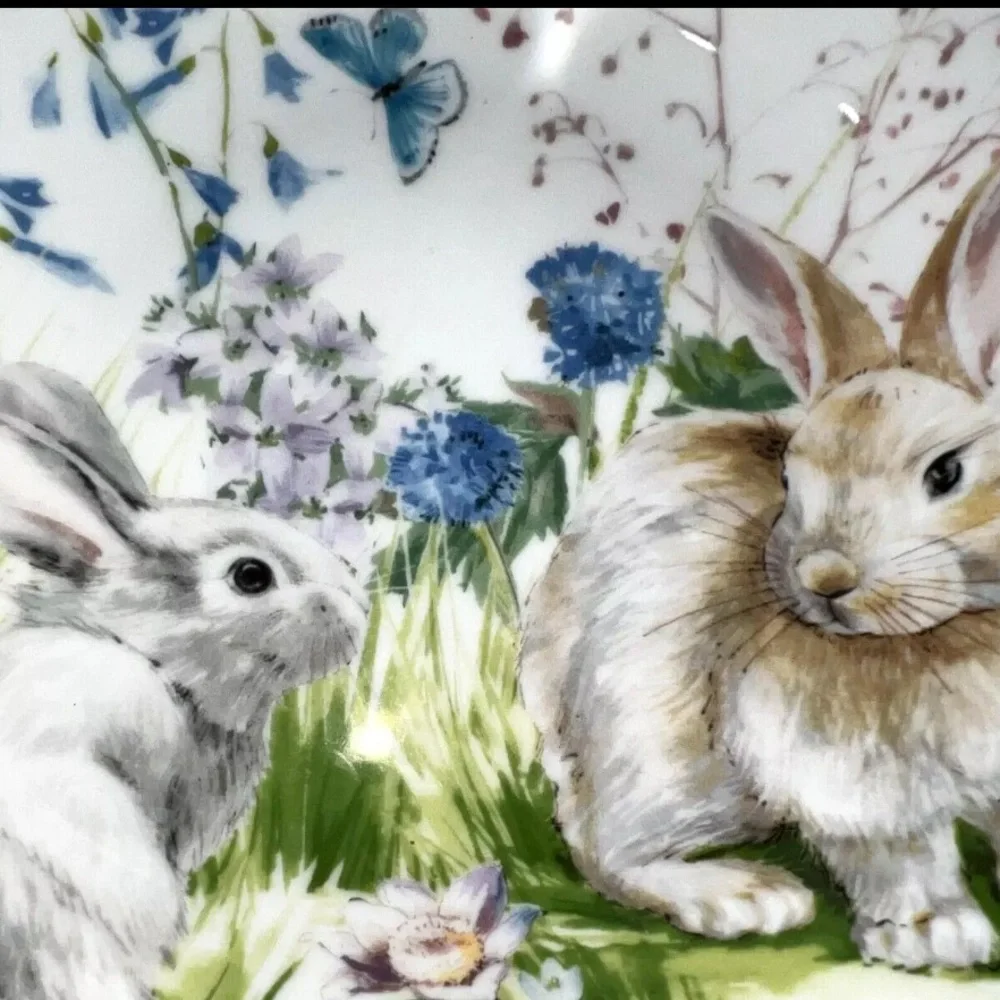 WILLIAMS-SONOMA Floral Meadow Bunny Rabbits Easter Round Soup Bowl 9
